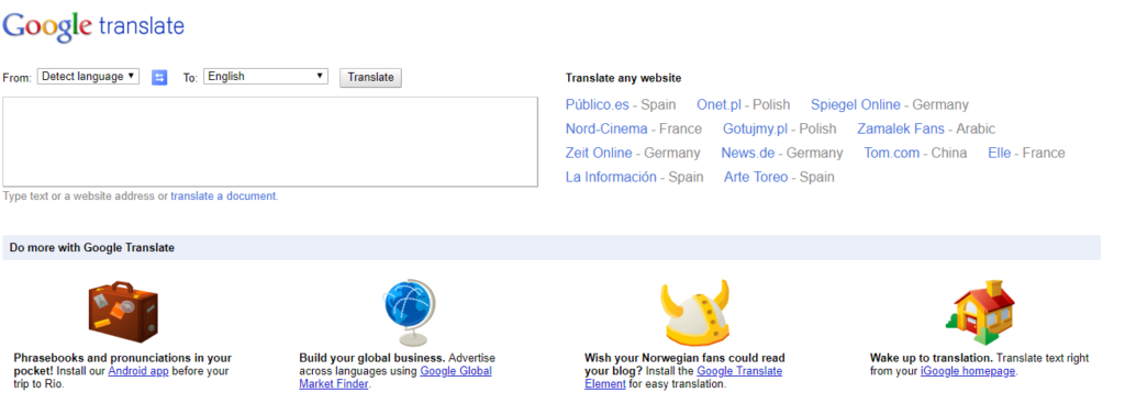 Screenshot of Google Translate from Way Back Machine, May 2011
